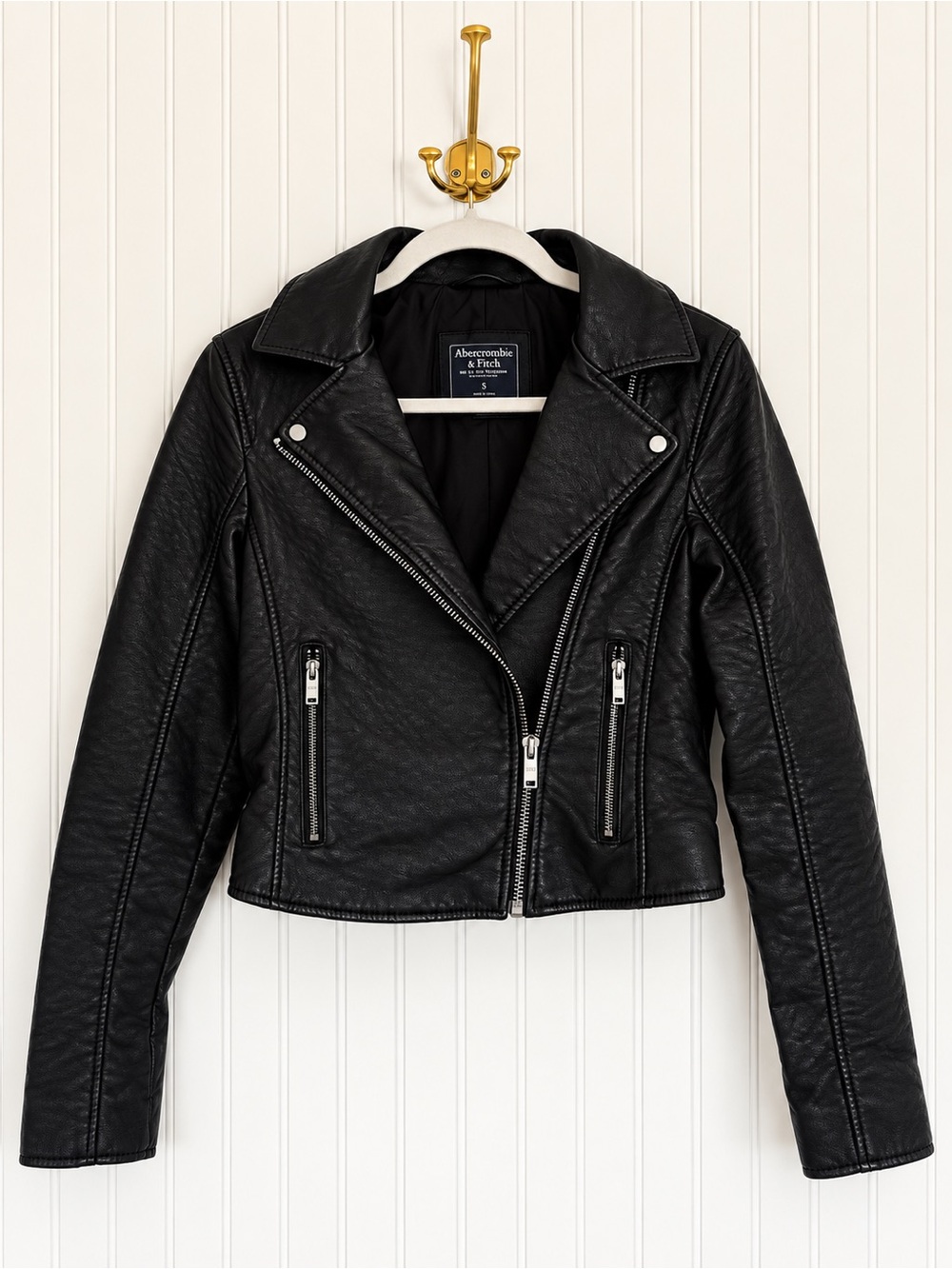 Abercrombie & Fitch Black Faux Leather Moto Biker Jacket Size Small 2010s